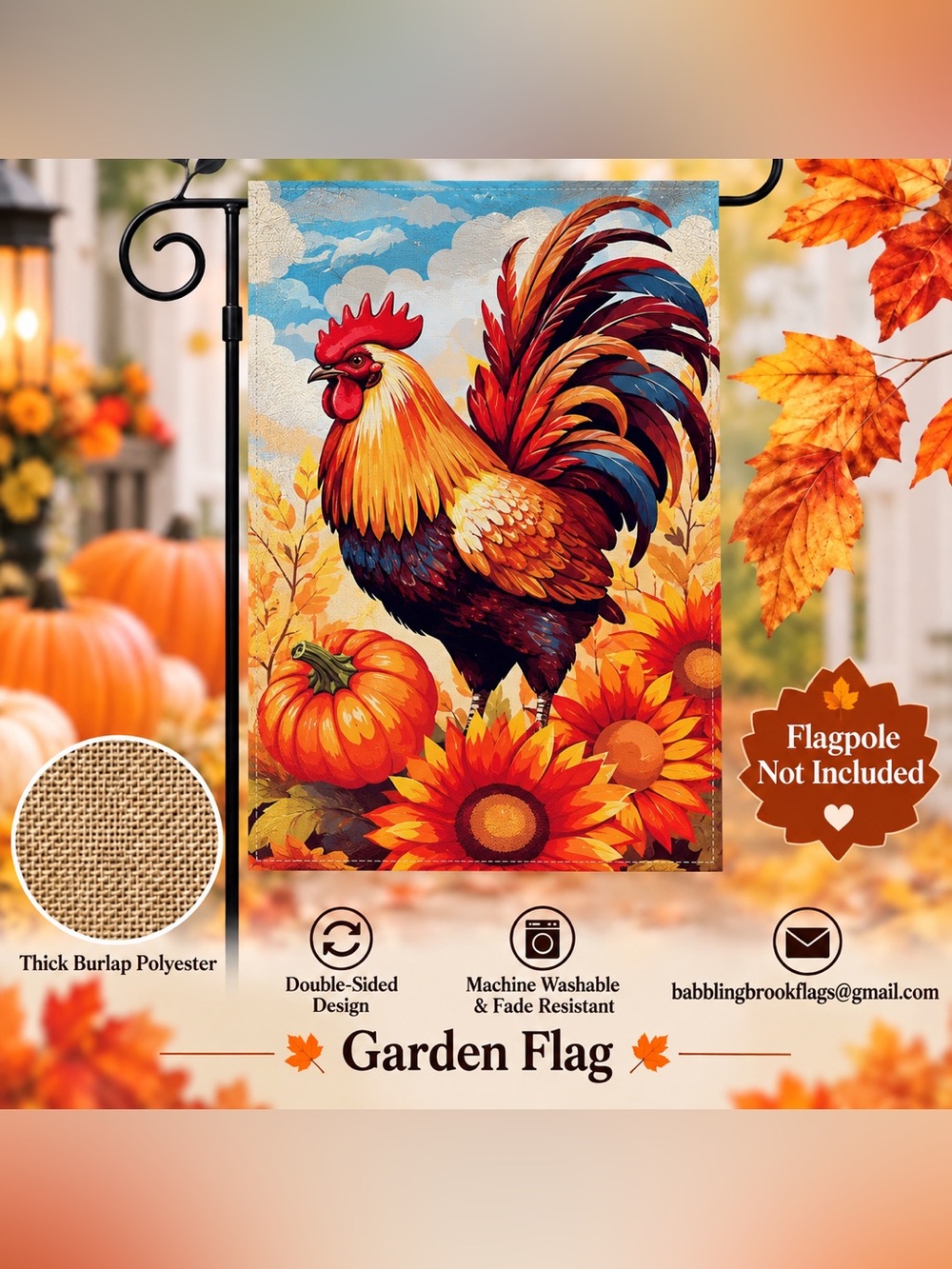 Garden Flag, Autumn Rooster, burlap polyester, double sided, 12” x 18”